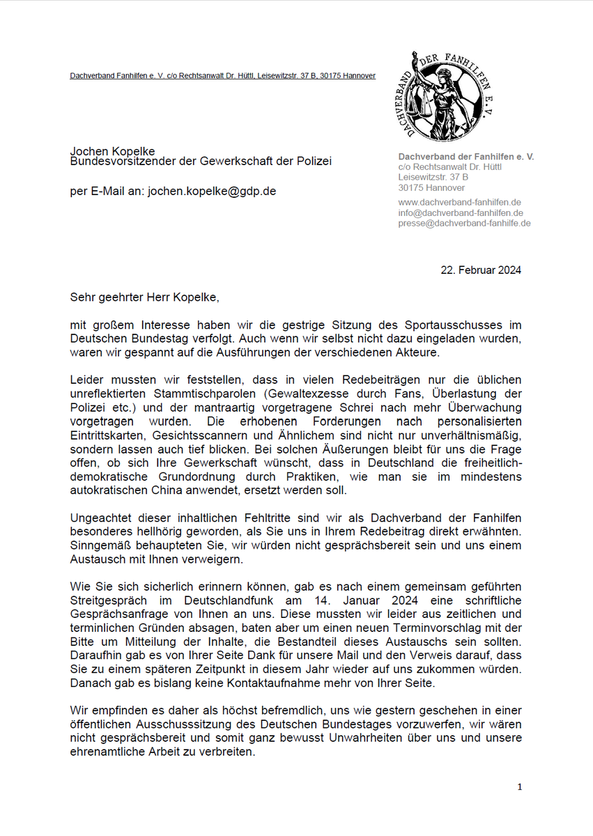 fanhilfen's tweet photo. Der Vorsitzenden der GDP hat gestern in der öffentlichen Sitzung des Sportausschusses im Bundestag falsche Behauptungen uns gegenüber aufgestellt. Dies können wir so nicht einfach stehen lassen.

Daher hier auch für die gesamte Öffentlichkeit unsere Erwiderung darauf. #Fanrechte https://t.co/7ZBle22TwE