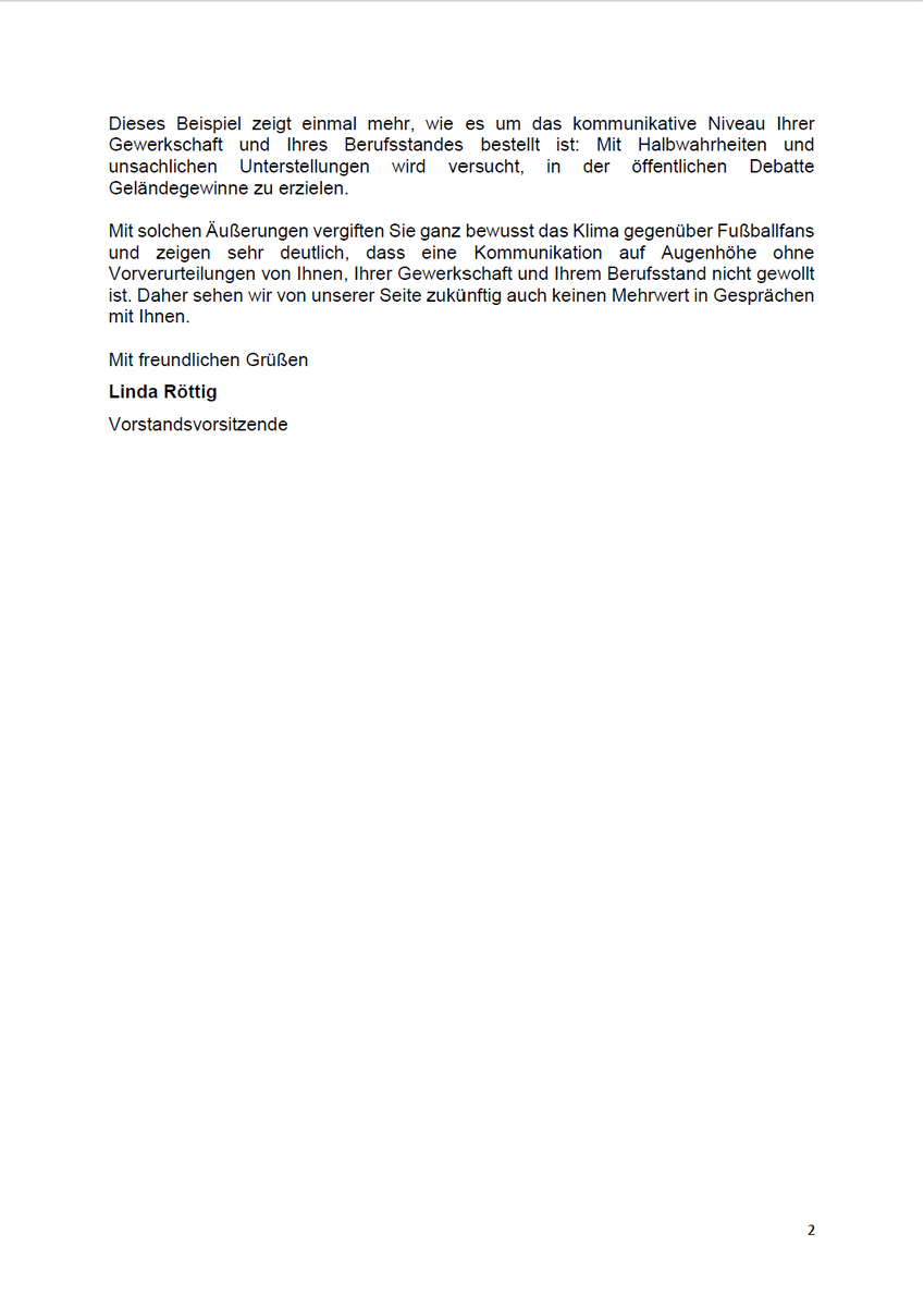 Der Vorsitzenden der GDP hat gestern in der öffentlichen Sitzung des Sportausschusses im Bundestag falsche Behauptungen uns gegenüber aufgestellt. Dies können wir so nicht einfach stehen lassen.

Daher hier auch für die gesamte Öffentlichkeit unsere Erwiderung darauf. #Fanrechte