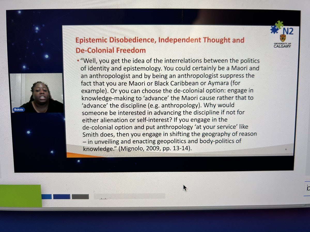 Kim Meeking (@kimbomeek) on Twitter photo Love this quote shared by <a href="/BukolaKSalami/">Bukola Salami</a> … you can engage in knowledge-making to advance the cause rather than advance the discipline. Choose the de-colonial option ✔️
#N2conf2024 Love this quote shared by <a href="/BukolaKSalami/">Bukola Salami</a> … you can engage in knowledge-making to advance the cause rather than advance the discipline. Choose the de-colonial option ✔️
#N2conf2024