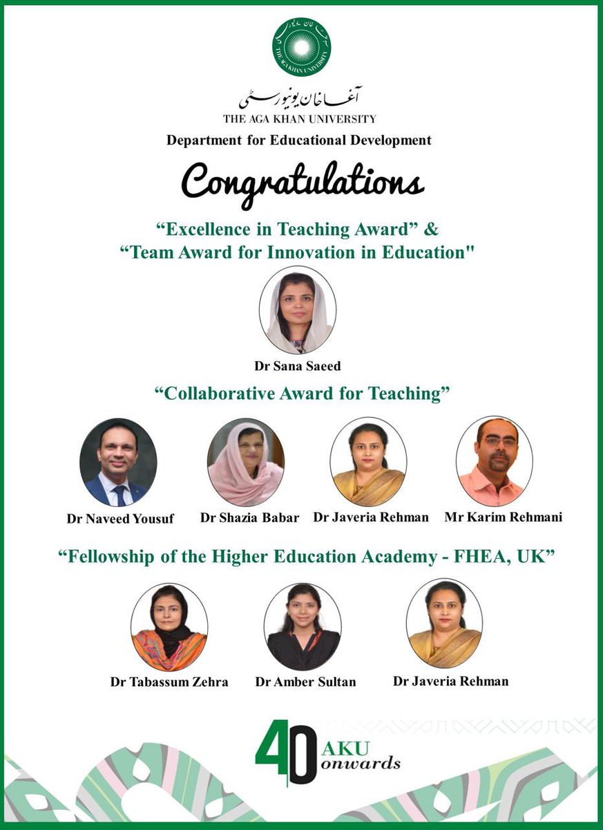 Celebrating Achievements at The Aga Khan University
Congratulations to the recipients of the Excellence in Teaching Award, Team Award for Innovation in Education, Collaborative Award for Teaching, and Fellowship of the Higher Education Academy, UK
#AKU #akuded #akuglobal #akumhpe
