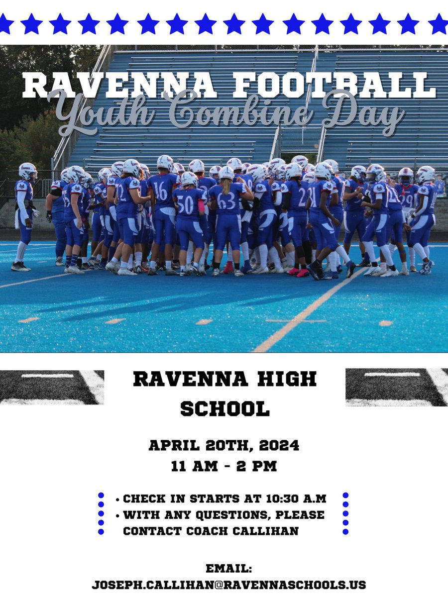 We’d like to invite any current or former Ravenna Youth Football Players to our 1st Combine Day, for our Little Ravens! If you have any questions, please feel free to contact Coach Callihan! #OURWAY @rhsravens @RavennaSupt