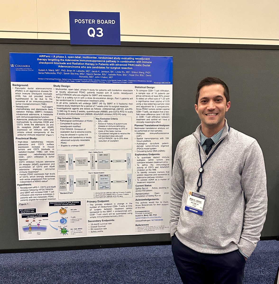 A memorable #GI24 ASCO meeting last month. Shared a @ColumbiaCancer-led trial in #pancreascancer: AIRPanc, adenosine pthwy & checkpoint inhibition + RT prior to surgery. Major need to improve outcomes even in those with earlier stage disease. Pls refer! clinicaltrials.gov/study/NCT06048…