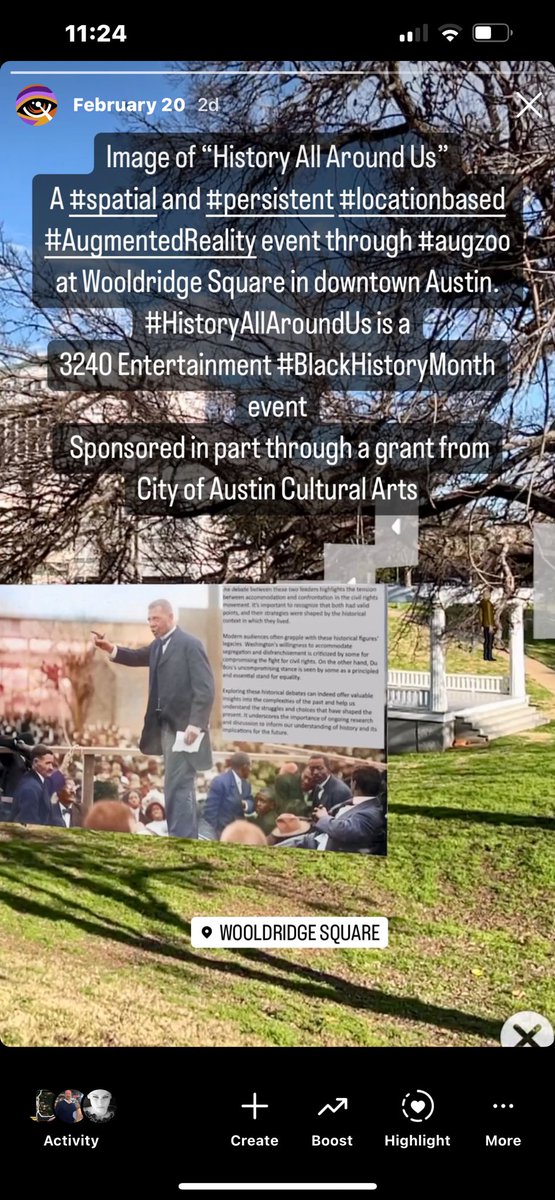 Visit #wooldridgesquare #park in #downtown #AustinTX to explore “History All Around Us” a #persitent #spatial #event produced by 3240 Entertainment for #BlackHistoryMonth through #locationbased #augmentedreality provided by @augzoo