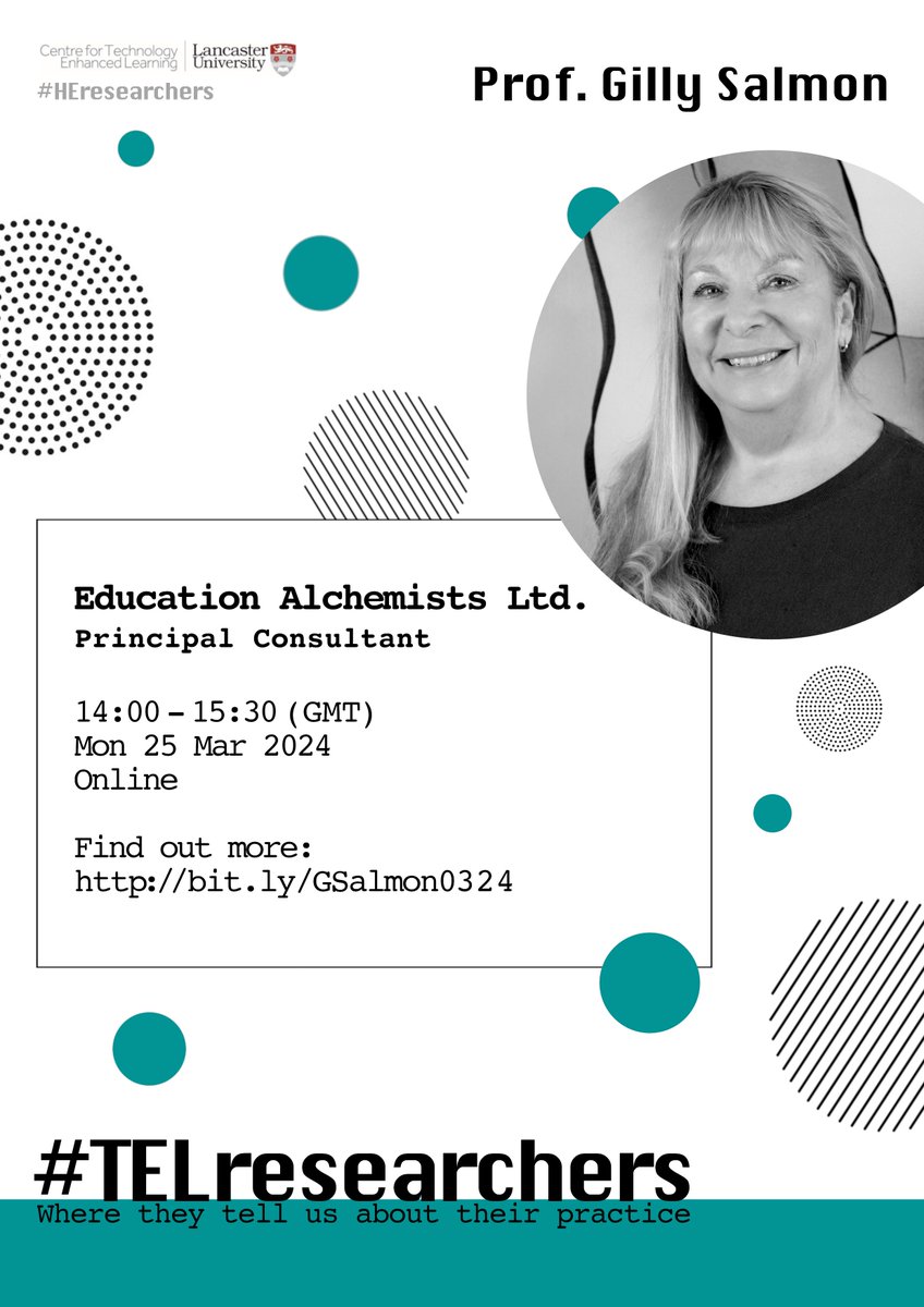 TELresearchers's tweet photo. We are pleased to announce our next speaker - Prof. @gillysalmon, who'll be doing a bit of time traveling with us! How exciting is that? More info &amp; book: https://t.co/xa3y2pQtz6 

@Puiyin @johnbrindletel @PhilMoffitt @CtelLancaster @EdResLancaster #TELresearchers #HEresearchers https://t.co/Pt5giZdivR