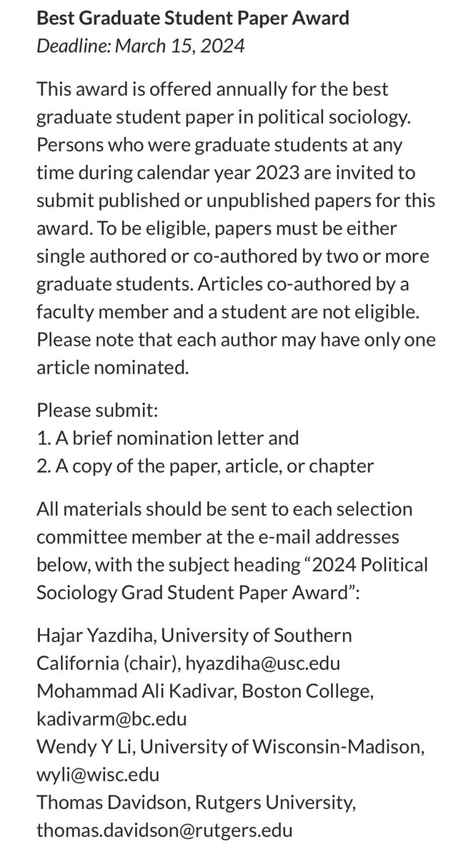 🏆 I’m excited to be chairing the @ASApoliticalsoc best graduate student paper in political sociology award- send us your submissions by 3/15, self-nominations encouraged! #asa2024