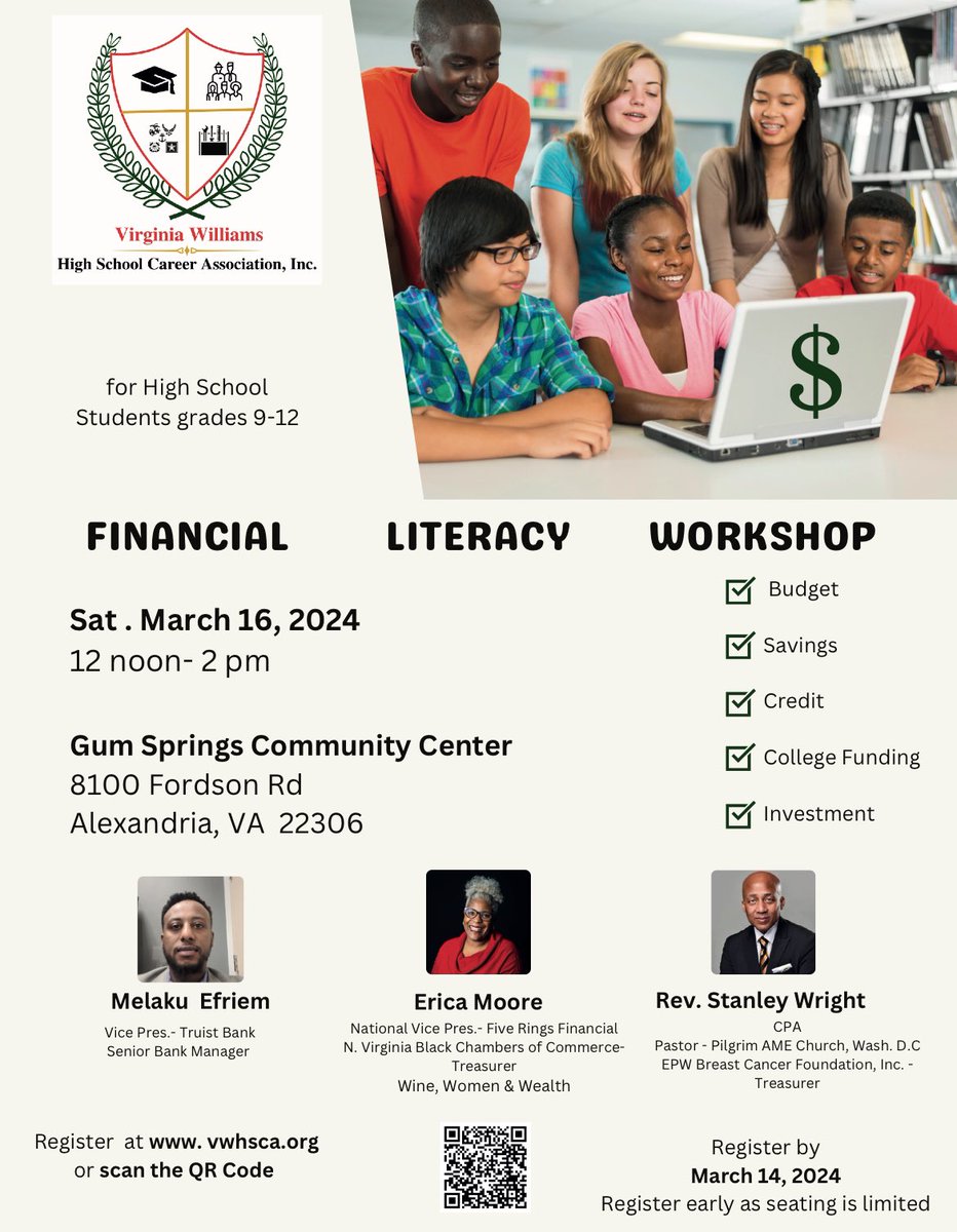 The Virginia Williams HS Career Association will hold its annual Financial Literacy Workshop on 3/16 for students in grades 9-12. Registration is required for this free workshop.  See flyer for details. <a href="/theWPboard/">West Potomac HS (we/they/them)</a> <a href="/WPHSSS/">WPHSStudentServices</a>