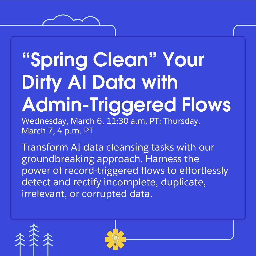 🎤 “Spring Clean” Your Dirty AI Data with Admin-Triggered Flows #TDX24 

👤 Speaker: <a href="/NotIsBlank/">NOTISBLANK MONICA</a> 

📅 Add to agenda: sforce.co/3wqvjgp
