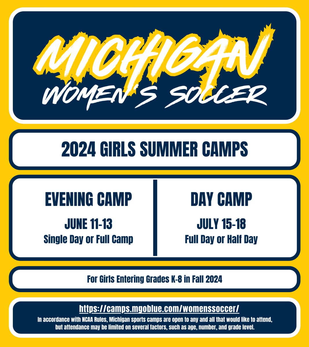 Summer ☀️ is only a few months away!!!  Sign up NOW for one (or both 😉) of our girls summer soccer camps⚽. For more information and to register, visit: camps.mgoblue.com/womenssoccer/ #GoBlue〽️