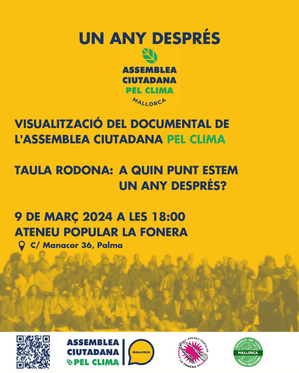 Hola! Vos enrecordau de les seixanta persones de Mallorca que van participar a l'Assemblea pel Clima ara fa un any? 

Idò el proper 9 de març monten un acte per valorar l'experiència i explicar on es troben ara les seves propostes.

No vos ho perdeu!

El clima no espera
