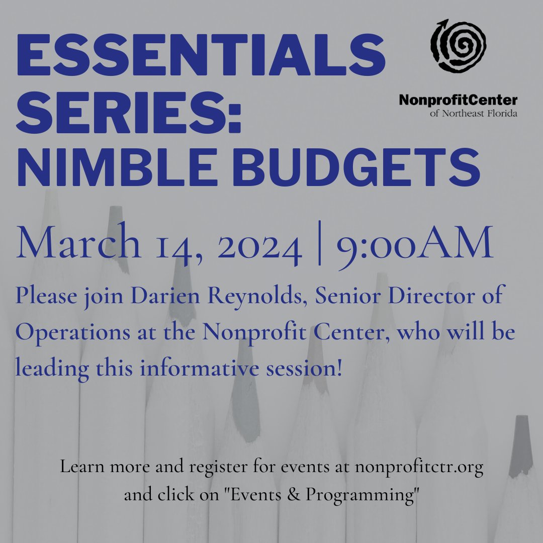 Budgets are an important planning tool, and a good budget aligns mission with resources. Join Darien Reynolds, Senior Director of Operations, on March 14 for Essentials Series: Nimble Budgets. 

Learn more and register at nonprofitctr.org