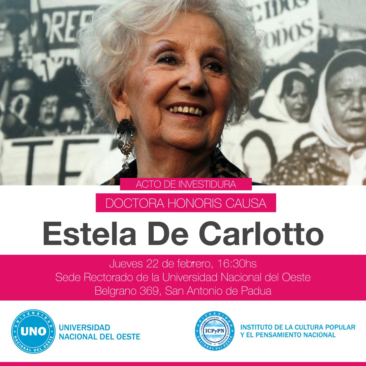 ❤️ La presidenta de #Abuelas, Estela de Carlotto, recibirá hoy el título de Doctora Honoris Causa de la <a href="/UNdelOeste/">Universidad Nacional del Oeste</a> por su trayectoria en defensa de los #DerechosHumanos, de la democracia y contra la dictadura.
📍 Sede Rectorado, Belgrano 369, San Antonio de Padua
📌 16.30 hs.