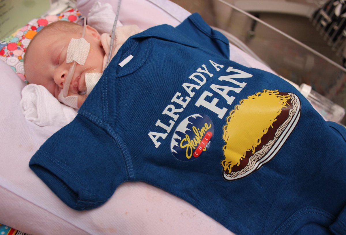 Cincinnati chili is just the 'way' to welcome babies to the world on #NationalChiliDay! @Skyline_Chili has partnered with local hospitals to give Cincinnati-born infants, and new babies who are in the hospital, some special #BabySkyline gear. Caleb and Ivy sure are cute!