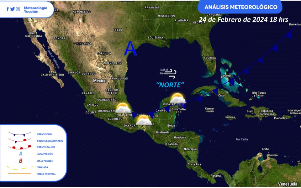 ClimaYucatan's tweet photo. 🌬️ El frente frío #Dzalbay (núm.36) estará llegando a la península este sábado.

Prolongará un poquito más la heladez. Después retorna el bochorno.

Más info aquí.
https://t.co/Z1xhV1A7Op https://t.co/cUGNdC1lJd