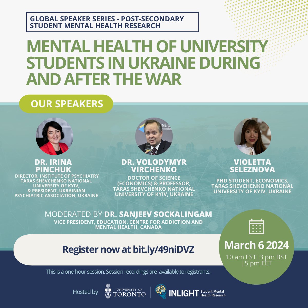 📢The #GlobalSpeakerSeries on Student Mental Health Research returns on Mar 6! Join researchers from Taras Shevchenko National University of Kyiv to discuss 'Mental Health of University Students in Ukraine During and After the War'. Register now at bit.ly/49niDVZ