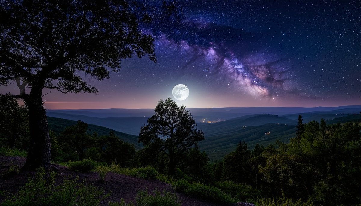 Prompt: Trees photographed under the Milky Way, the moon and twilight shine on the Valley. The full moon appears high in the sky and the twilight glow can still be seen. #SD3 coming to <a href="/imagineappco/">Imagine App</a>