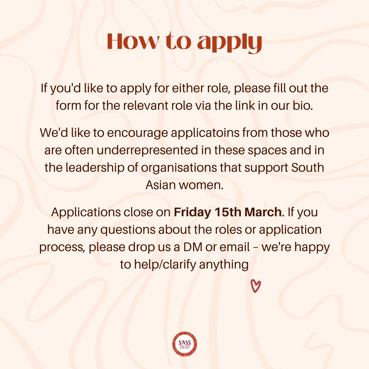 We’re hiring! If you want experience of shaping a grassroots community organisation and the chance to make a real impact on South Asian women’s lives send in an application!