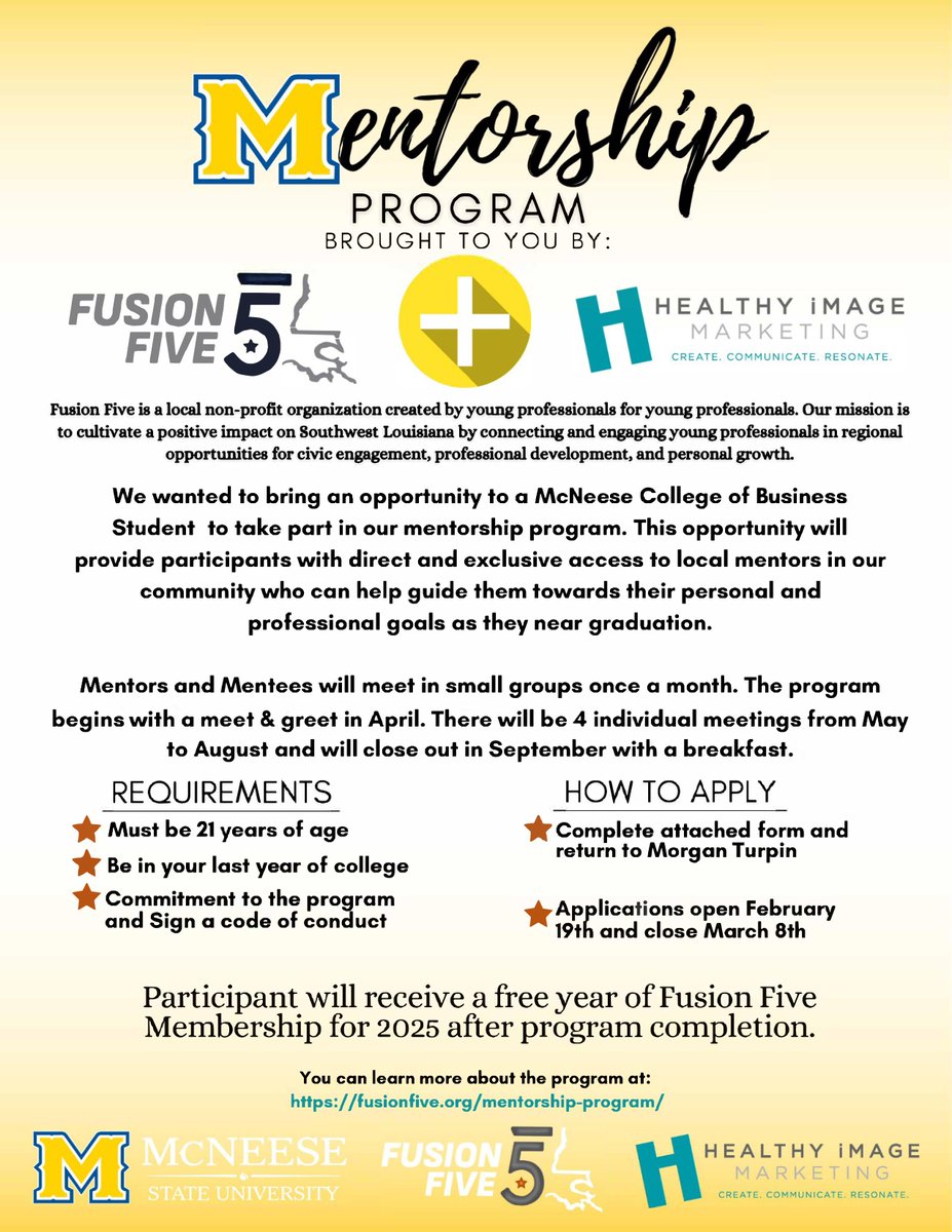 College of Business students, Fusion Five, the regional Young Professionals Organization, is offering a mentoring opportunity.  Please see the flyer below for additional details!