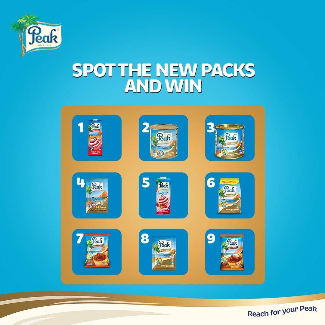 Hello Peak Fam,​ Tell us in the comments which of these has the new look of Peak.​ You could win something for spotting all the new packs.​ ​ Leggo.​ #PeakMilk​ #PeakNewLook