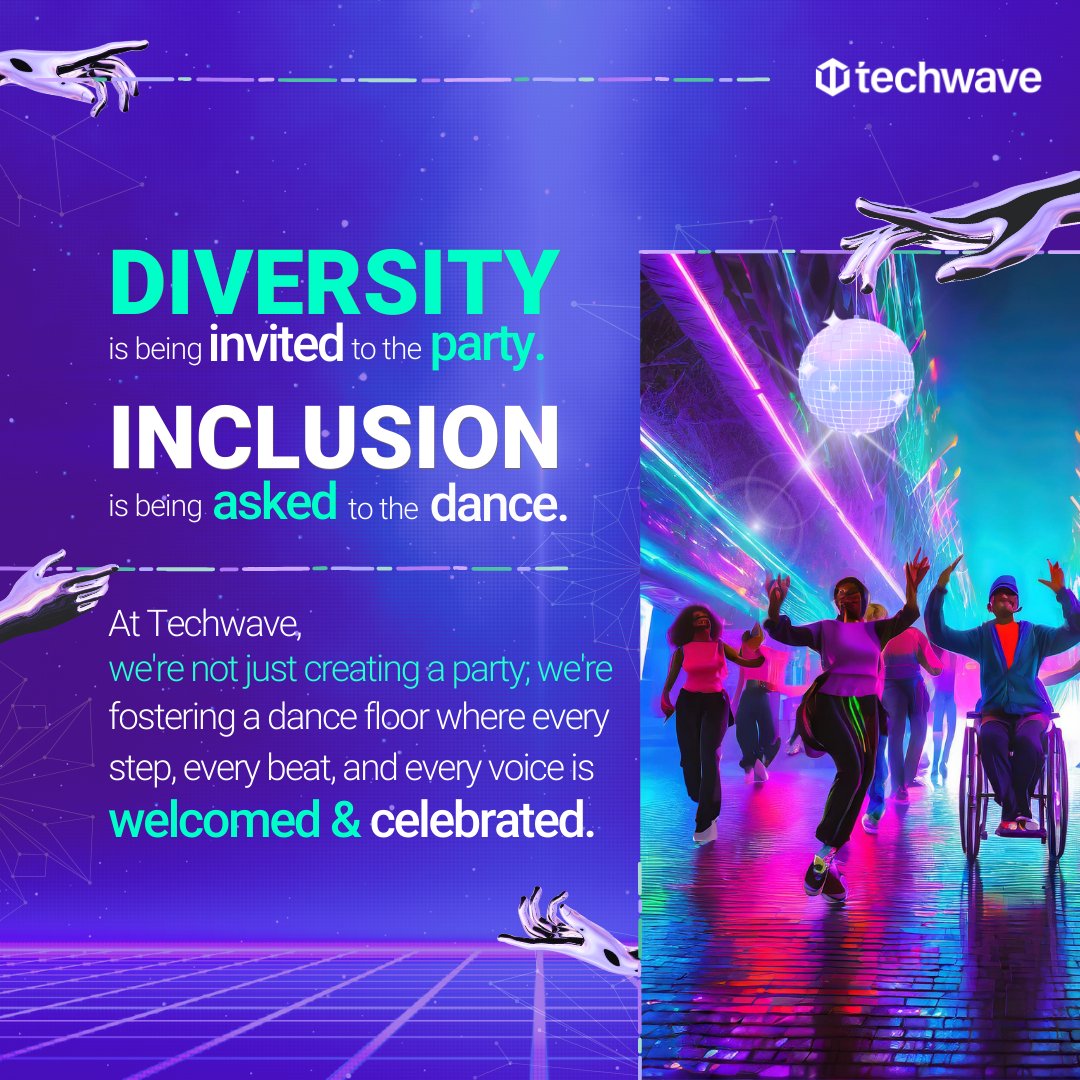 Diversity extends the invitation, while inclusion leads the dance. We at Techwave, transcend the typical party scene, curating a dynamic dance floor where each step, every beat, and every voice is not just acknowledged but celebrated. #techwave #diversity #inclusion