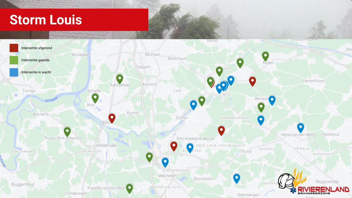 STORM LOUIS - Situatie 18u45
Storm Louis zorgt binnen onze zone voor veel oproepen, momenteel zijn dat er al 41.Schade? Meld dit via ons e-loket: rivierenland.hulpverleningszone.be/.../stormschade