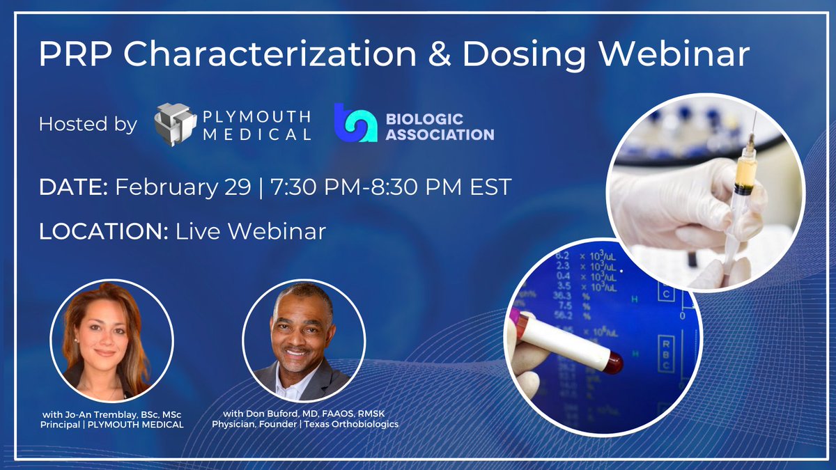 ONE WEEK AWAY! Join PLMOUTH MEDICAL on February 29 for a free webinar. PLYMOUTH MEDICAL Principal Jo-An Tremblay and Texas Orthobiologics Founder Dr. Don Buford will be discussing PRP Characterization and Dosing. Don’t miss it, register now. tinyurl.com/4bnh6z7v #sponsored