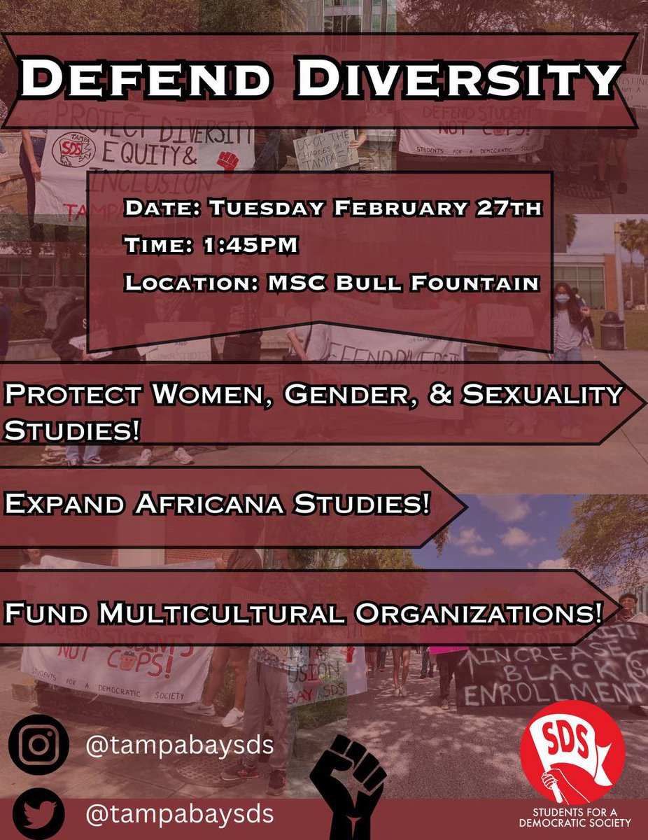 📣 DEFEND DIVERSITY! Join us in a protest to defend diversity on campus on 2/27, at 1:45, in front of the MSC Bull Fountain! We demand that USF: 1. Protect Women & Gender Studies 2. Expand Africana Studies 3. Fund Multicultural Orgs 🗓️ Tues, 2/27 ⏰ 1:45 📍 MSC Bull Fountain