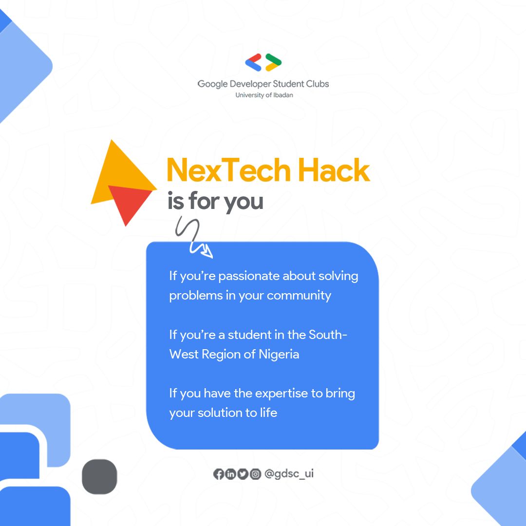 gdg_ui's tweet photo. 🎯 Attention all student problem-solvers in the South-West! NexTech Hack beckons!
If you're driven by a passion for addressing student-community issues and have the expertise to materialize your solutions, this is your chance to shine. Let's create meaningful change together! 💡 https://t.co/hJecAWPvxE