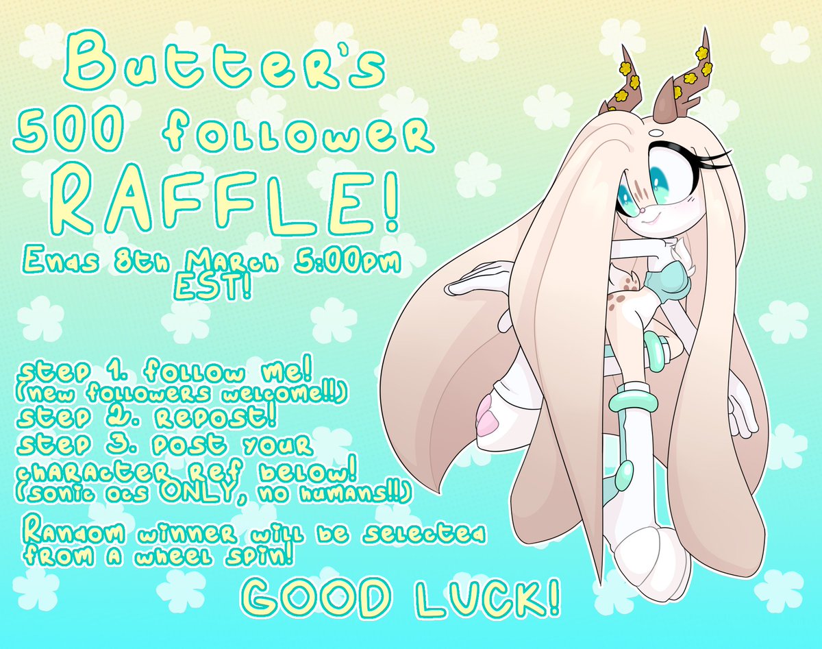 Butterrfingies's tweet photo. ₊˚⊹♡５００ Ｆｏｌｌｏｗｅｒ Ｒａｆｆｌｅ！！₊˚⊹♡

Deadline: 8th March, 5:00pm EST!

MUST -
* follow me
* repost
* post your oc reference below in the comments to enter!!

Winner will recieve a fully coloured/rendered drawing from myself!
GOOD LUCK! ദ്ദി ˉ͈̀꒳ˉ͈́ )✧ https://t.co/5JbFM3aTPZ
