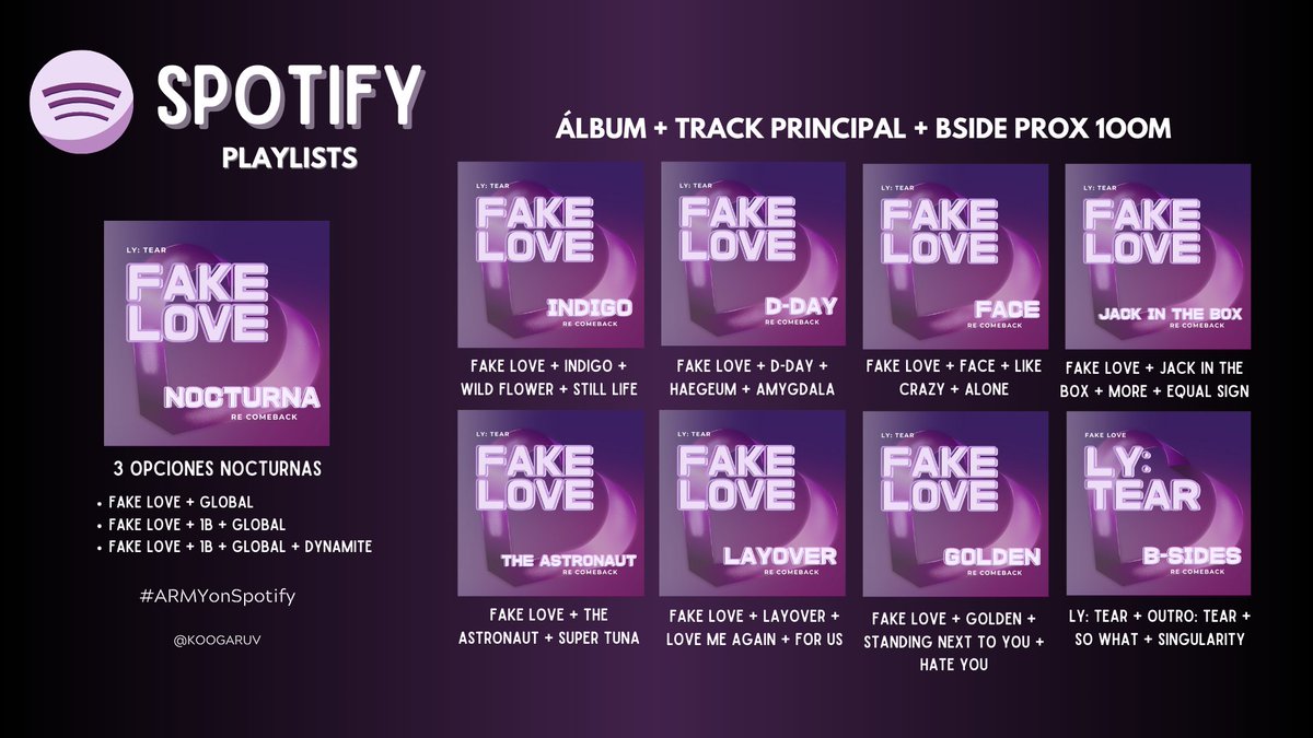 ― Hilo de OPCIONES de playlists para el re comeback de Fake Love (LY: Tear). Nocturnas (Global; 1B) y complementarias (álbumes; ly: tear bsides 200M-300M) 💿 | Ver. Spotify + YT Music + AM