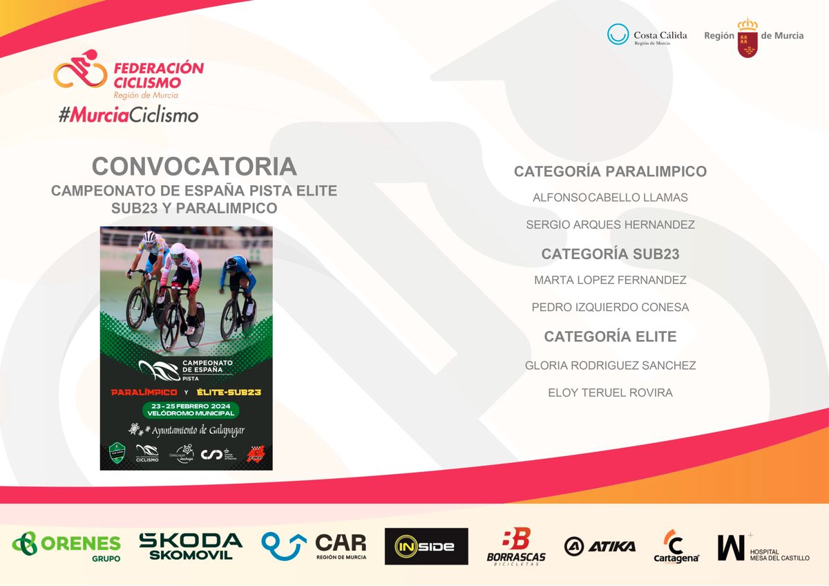 Convocatoria para los #CEPistaGalapagar24 ❤

➡ Los campeonatos se disputarán en el Velódromo de Galapagar este fin de semana

🚴‍♂️🚴‍♀️ Los 8 ciclistas seleccionados competirán en las 3 categorías de estos campeonatos

MUCHA SUERTE 🍀

#Murciaciclismo #CiclismoRegiondeMurcia