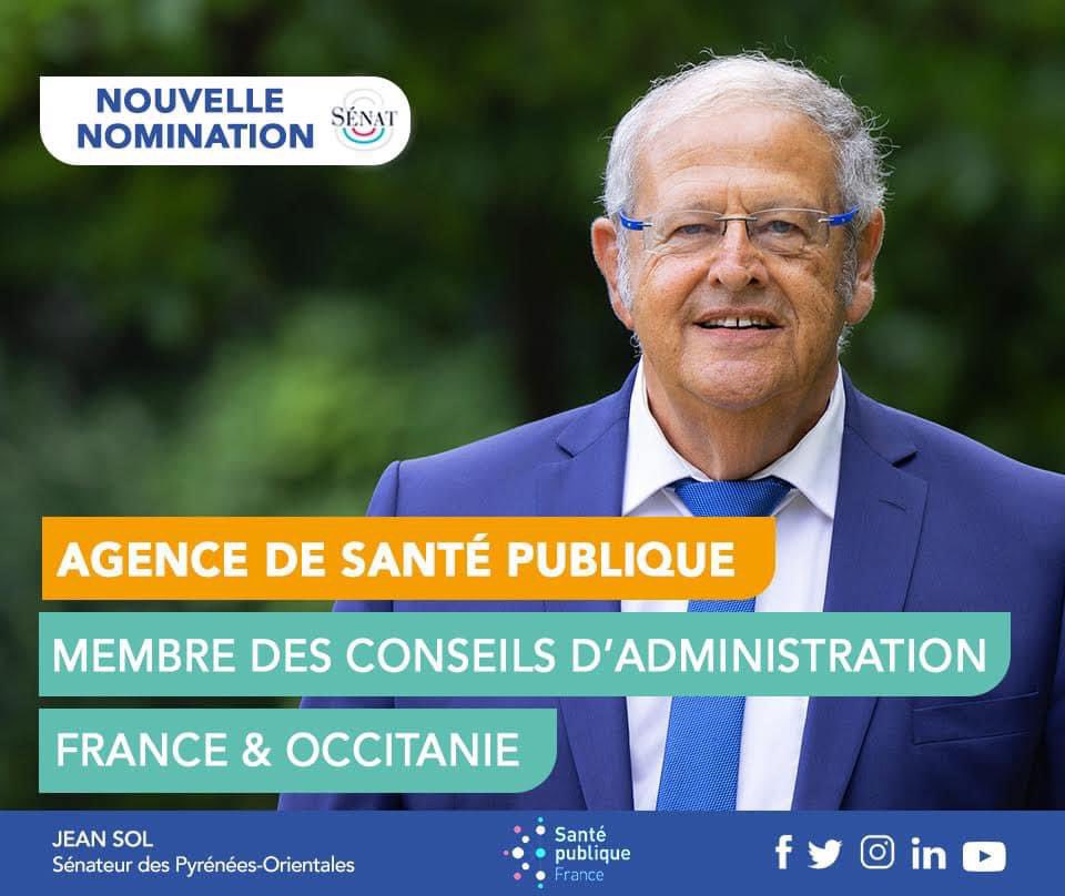 .@JeanSOL__ est honoré de vous annoncer ma nomination officielle par Gérard Larcher en tant que membre du Conseil d'Administration de l'Agence Nationale de Santé Publique France et du Conseil d'Administration de l'Agence Régionale de Santé d'Occitanie. #SantéPublique #France