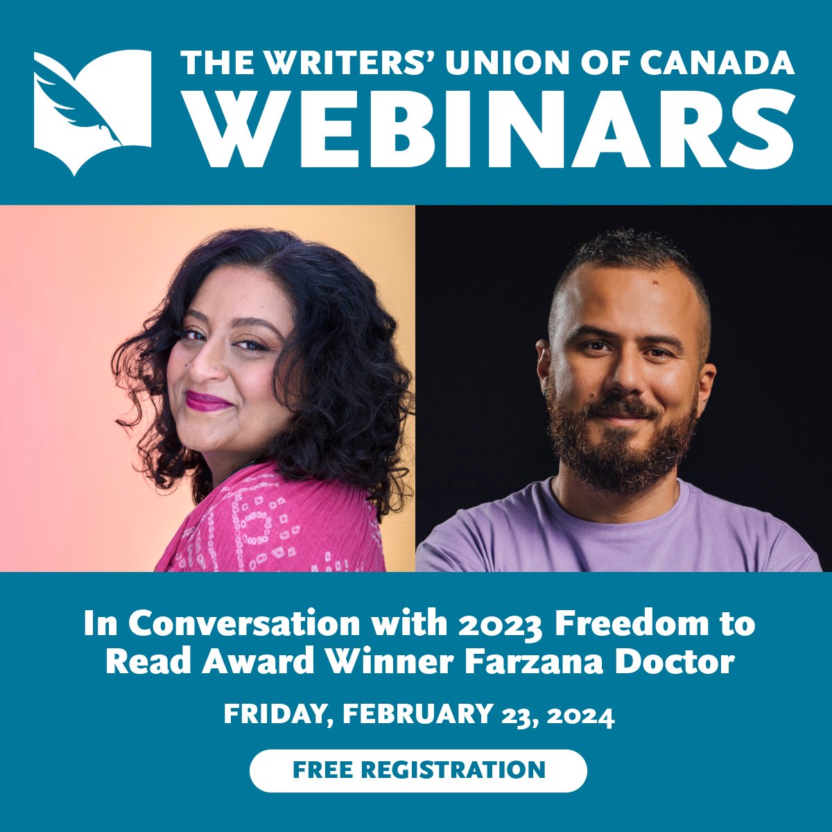 Webinar reminder! Tune in for an important conversation in celebration of <a href="/freedomtoreadwk/">Freedom to Read Week</a> w/ 2023 #FreedomToRead Award Winner Farzana Doctor @farzanadoctor, hosted by Danny Ramadan, w/remarks from this year's FTR Award Winner, <a href="/Songstress28/">Brandi Morin</a>. Register now: bit.ly/3sJyhe5
