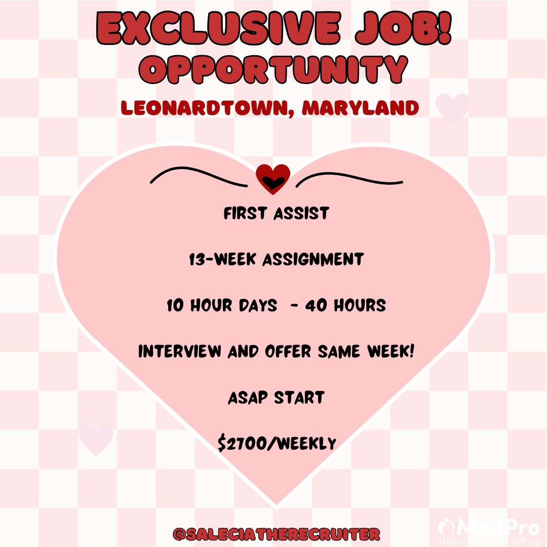 Saltherecruiter's tweet image. 🚨Calling First Assist RNs!🩺
💼Exciting Leonardtown, MD opportunity!

Immediate Start for a 13-wk assignment, $2700/wk for 40 hrs.💰
Ready to make a difference? DM me!📩

ow.ly/iNNL50QGQWQ

#saleciatherecruiter #RNJob #FirstAssist #LeonardtownMD #HealthcareOpportunity