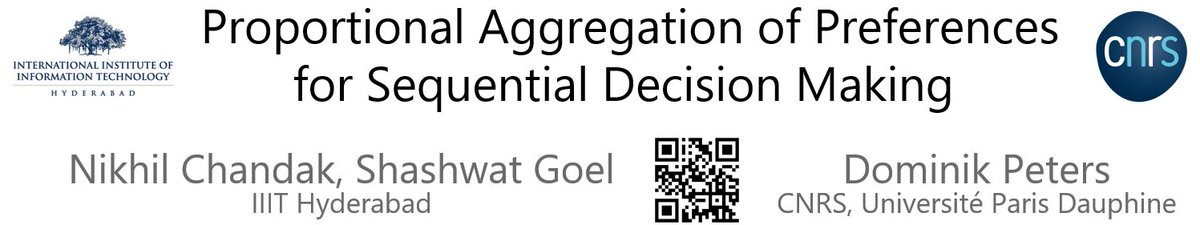 Shashwat Goel (@shashwatgoel7) on Twitter photo Work with <a href="/nikhilchandak29/">Nikhil Chandak</a>, <a href="/DominikPeters/">Dominik Peters</a> just won the Outstanding Paper Award🏆at AAAI 2024 (top-3/12000+). We study a framework for making multiple decisions that fairly satisfy diverse preferences. Potential applications range from faculty hiring to how AI combines values🧵👇 Work with <a href="/nikhilchandak29/">Nikhil Chandak</a>, <a href="/DominikPeters/">Dominik Peters</a> just won the Outstanding Paper Award🏆at AAAI 2024 (top-3/12000+). We study a framework for making multiple decisions that fairly satisfy diverse preferences. Potential applications range from faculty hiring to how AI combines values🧵👇
