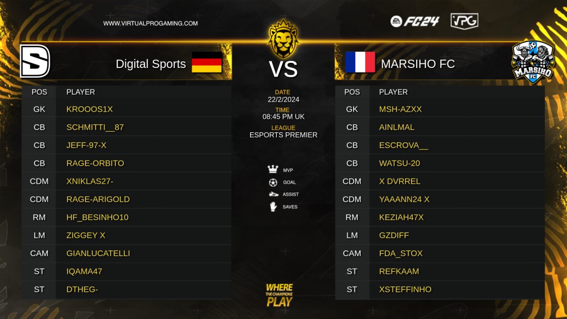 Virtual Pro Gaming (@officialvpg) on Twitter photo ๐ฅ Competitive Clubs 11v11 <a href="/EASPORTSFC/">EA SPORTS FC</a> ๐๐พ
๐ <a href="/VPGPremier/">VPG Esports Premier</a>
๐ฉ๐ช <a href="/DIGITALSportsGG/">DIGITAL Sports</a>
๐
<a href="/MarsihoF/">MarsihoFC</a> ๐ซ๐ท
๐ฅ Digital Sports XI
<a href="/Krooos1x/">Krooos</a>
<a href="/RAGE_Orbito/">RAGE-Orbito</a>
<a href="/Jeff97x/">Jeff-97-x</a>
<a href="/xNiklas27/">Niklas Zielinsky</a>
<a href="/Gianlucatelli/">G</a>
<a href="/TheRealDtheG/">D the G</a>
<a href="/Ziggeyx/">Zig</a>
<a href="/AriGoldClub/">AriGold</a>
<a href="/Besinho3/">HF_Besinho10</a>
๐ฅ Marsiho XI
<a href="/keziah767/">Keziah</a>
<a href="/stoxinho/">Stoxinho</a>
<a href="/steffinhox/">Steff</a> ๐ฅ Competitive Clubs 11v11 <a href="/EASPORTSFC/">EA SPORTS FC</a> ๐๐พ
๐ <a href="/VPGPremier/">VPG Esports Premier</a>
๐ฉ๐ช <a href="/DIGITALSportsGG/">DIGITAL Sports</a>
๐
<a href="/MarsihoF/">MarsihoFC</a> ๐ซ๐ท
๐ฅ Digital Sports XI
<a href="/Krooos1x/">Krooos</a>
<a href="/RAGE_Orbito/">RAGE-Orbito</a>
<a href="/Jeff97x/">Jeff-97-x</a>
<a href="/xNiklas27/">Niklas Zielinsky</a>
<a href="/Gianlucatelli/">G</a>
<a href="/TheRealDtheG/">D the G</a>
<a href="/Ziggeyx/">Zig</a>
<a href="/AriGoldClub/">AriGold</a>
<a href="/Besinho3/">HF_Besinho10</a>
๐ฅ Marsiho XI
<a href="/keziah767/">Keziah</a>
<a href="/stoxinho/">Stoxinho</a>
<a href="/steffinhox/">Steff</a>