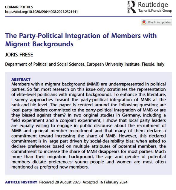 📢 New Publication 📢 Happy to share that my article “The Party-Political Integration of Members with a Migrant Background” is now out in German Politics. tandfonline.com/doi/full/10.10… A brief thread about some of the findings (with a link to 50 free e-copies at the end). 1/8