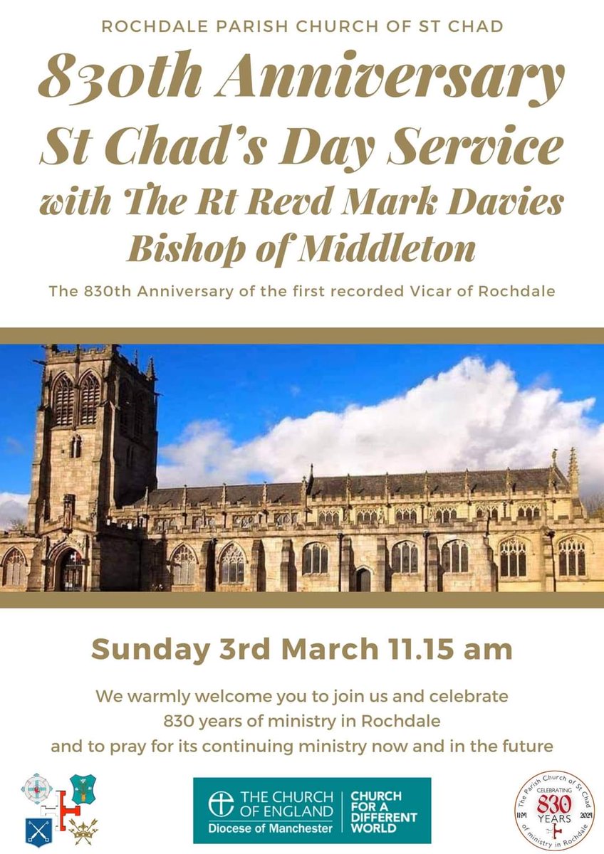 On 3rd of March @RochdaleTown Hall reopens and 11.15 am @RochdaleStChads celebrates the 830th anniversary of ministry Rochdale with @BishMiddleton All Welcome @DioManchester @ORTOA3 @RochdaleCouncil @RochdaleOnline @stmaryinthebaum @RochdaleMayor @RochdaleCouncil