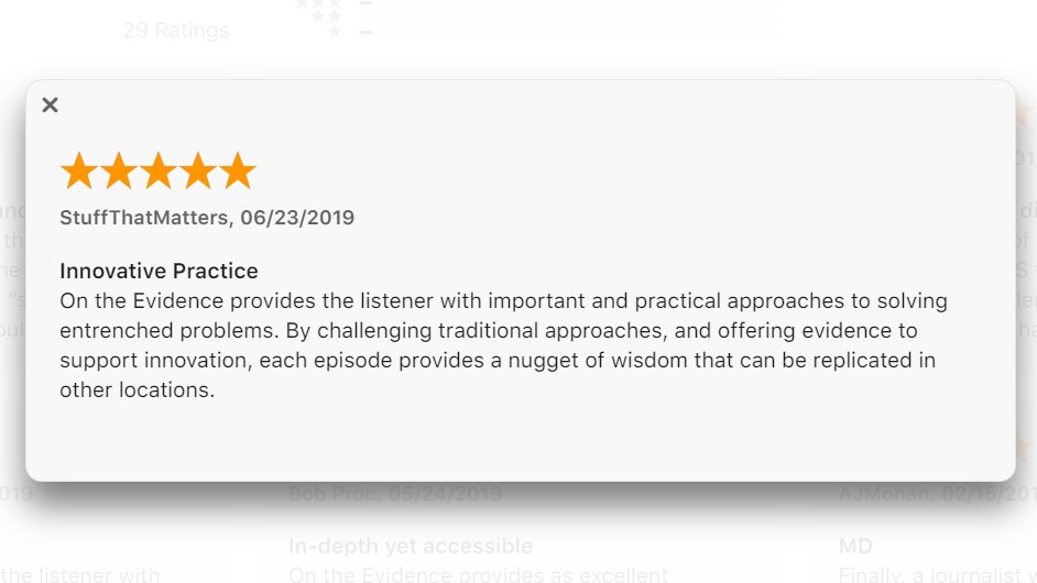 I so appreciate every rating and review we get for #OnTheEvidence, the @MathematicaNow podcast. This was one particularly kind one from our first year of the show. If you're a listener, please consider leaving us a rating and review. podcasts.apple.com/us/podcast/on-…