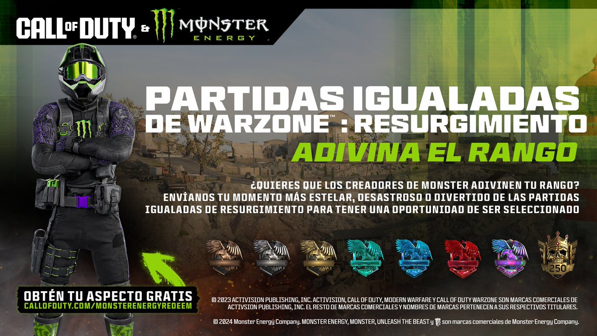 CallofDutyES's tweet photo. .@Aydan o @HusKerrs adivinan tu rango en Resurgimiento🤔
👉 Sube un clip y etiqueta a @callofduty, @monsterenergy, #CODMonsterPlays con tu división de aptitud
✅ En una partida igualada de Resurgimiento, Fortune's Keep, con aspecto Monster
Obtenlo aquí ➡️ https://t.co/UrtccmtFzo https://t.co/GPWO1OnQyU