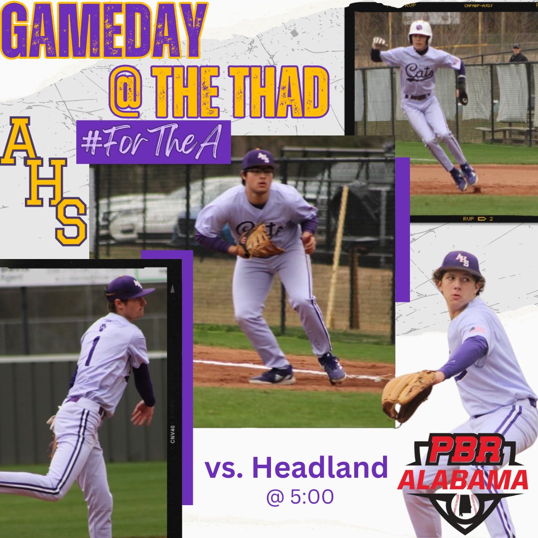 It’s GAMEDAY in the A!! The Cats take on Headland today at 5:00 at The Thad!! Excited to have @PBR_Alabama join us for todays matchup!! #ForTheA #HardWorkPaysOff