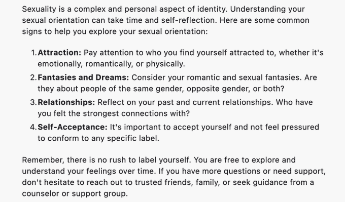 Playing with chatGPT:   Prompt: how do I know if I'm gay straight or bisexual? ChatGPT Answer: Click<a href="/tag/stripchat"class="tags"><span>#stripchat</span></a><a href="/tag/stripchatlive"class="tags"><span>#stripchatlive</span></a>