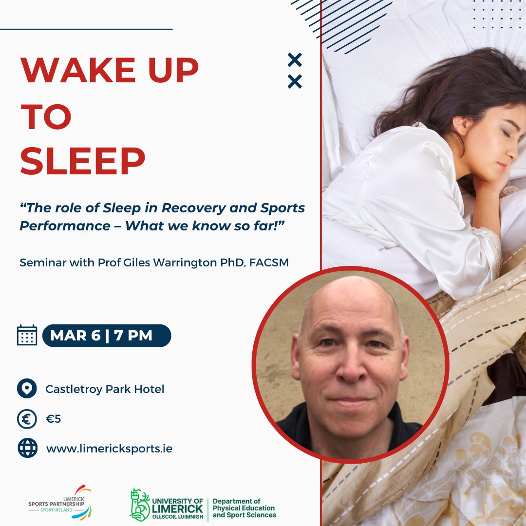 Limericksports's tweet photo. โWake up to Sleepโ Seminar with Professor Giles Warrington!
๐
March 6th
๐ 7pm
๐ Castletroy Park Hotel
๐ถ โฌ5
๐ https://t.co/xlYNrO9xjS
@sportireland @Limerick_ie @CastletroyPark @geeves2012 @HealthyLimerick @SportingLK
#WakeUpToSleep #ActiveLimerick https://t.co/jmxpR2xJh5