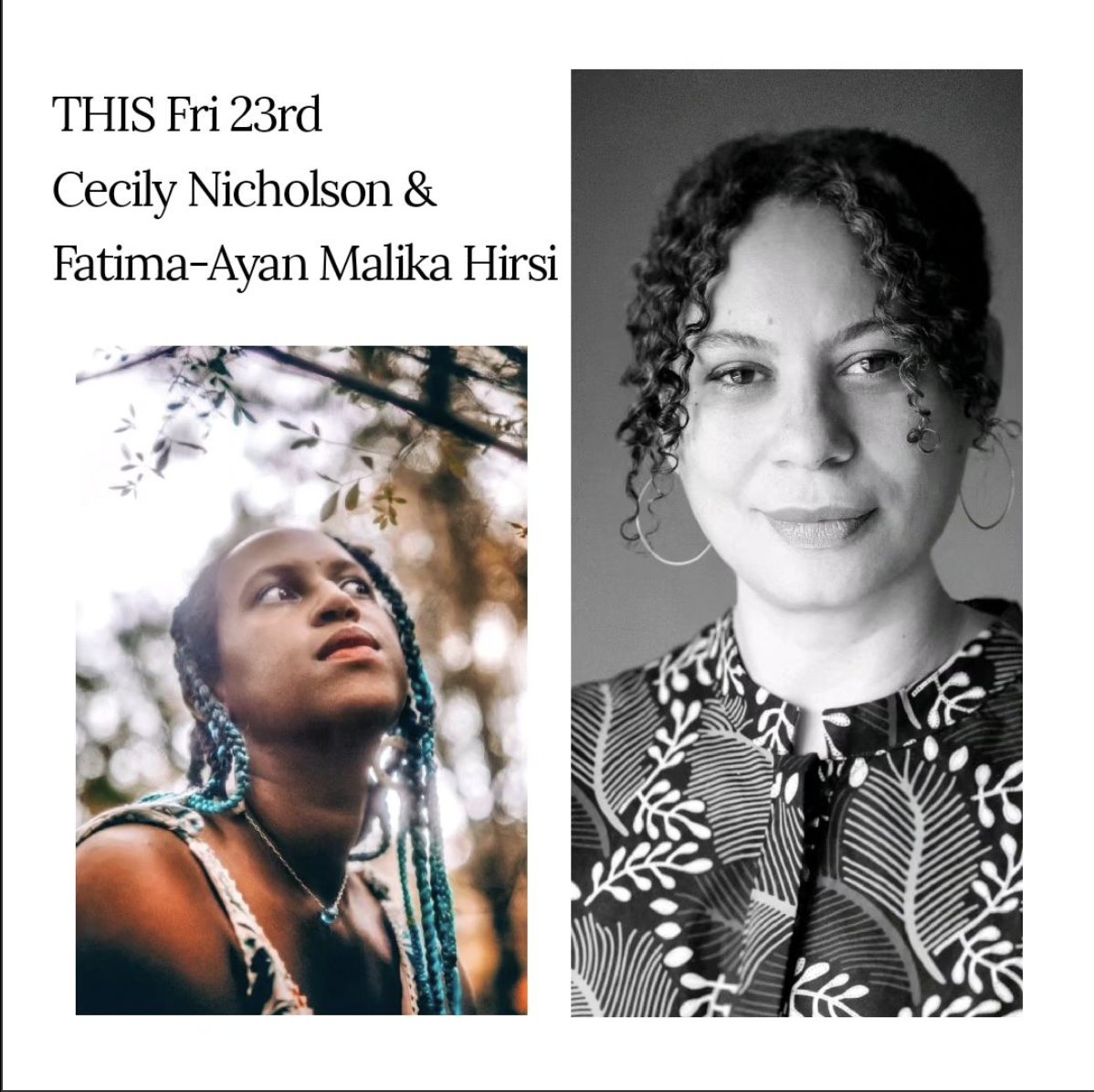 From Planet Earth Poetry, catch a reading from Cecily Nicholson and Fatima-Ayan Maliki Hirsi at Russell Books tomorrow evening at 7:30 p.m.!