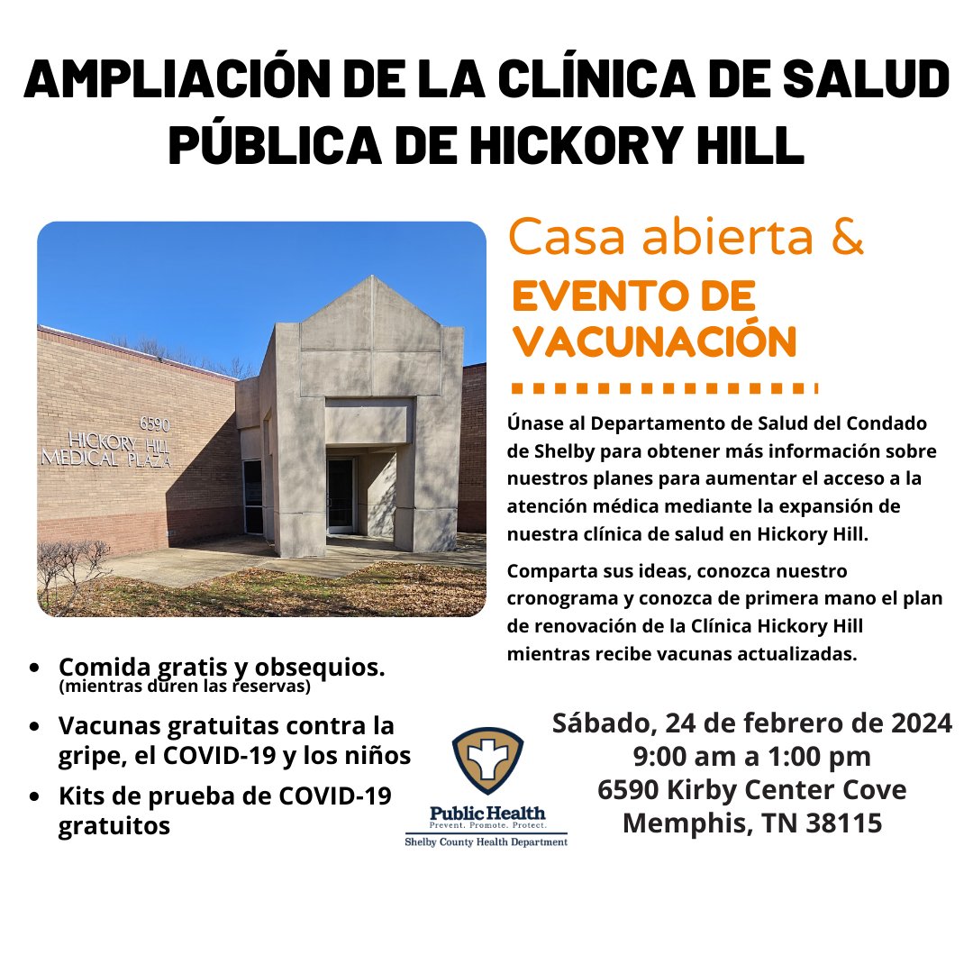 Join Shelby County Health Department this Saturday to see plans for expanding the Hickory Hill Public Health Clinic! Open house is Saturday from 9 a.m. to 1 p.m. Get free food from local food trucks, free flu and COVID-19 vaccines, giveaways, and more! <a href="/shelbycotn/">Shelby County Government</a> <a href="/cityofMemphis/">City of Memphis</a>
