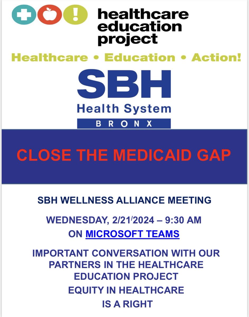 BronxEOC's tweet photo. Join us for an impactful discussion on closing the Medicaid gap and advancing equity in healthcare at the SBH Wellness Alliance meeting. Together, we're making healthcare education a priority. #HealthcareEducationProject #EquityInHealthcare https://t.co/DhOPxGMgck