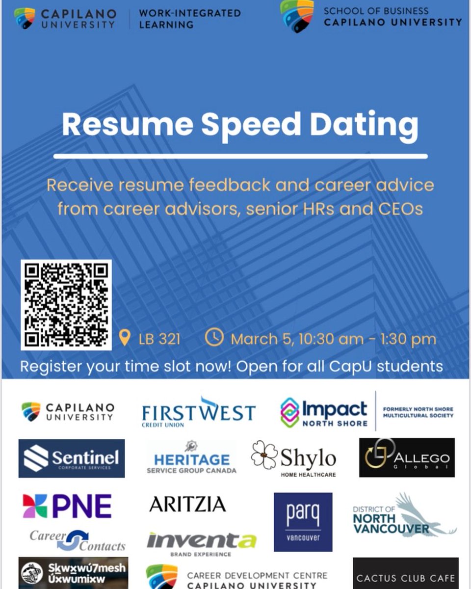 📷Resume Speed Dating Event📷
• Open for all CapU students
• Tuesday, March 5, from 10:30 am to 1:30 pm
• Library 321
• Scan QR code to register