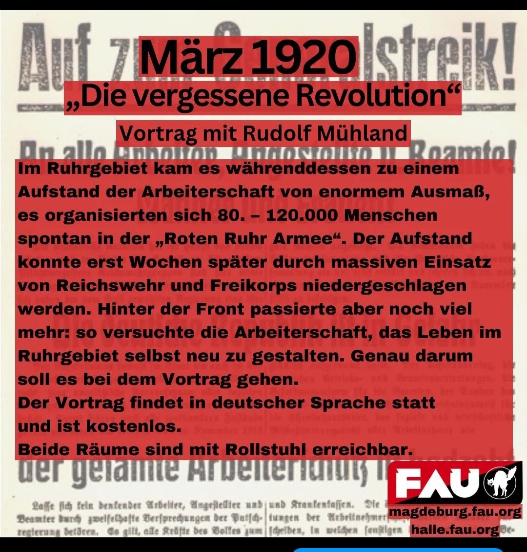 Ich bin im März, 13./14.03. in Halle/Saale und Magdeburg.
Ich spreche über die Märzrevolution, Spanien und riskier einen "Blick zurück nach vorne".
Kommt vorbei und/oder rt diesen Post!