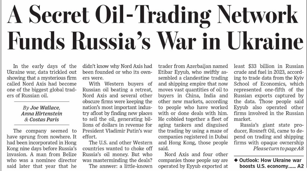 In a new article, @WSJ conducted an investigation that uncovered ''The Secret Oil-Trading Ring That Funds Russia’s War.' Thanks to @josephttwallace @ahirtens @CostasParis for bringing attention to this critical issue, & for featuring @KSE_Institute: t.ly/fTWDP