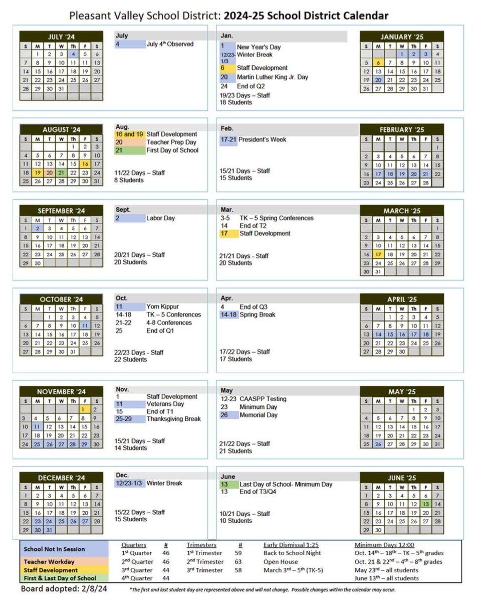 The 2024-2025 calendar was recently approved by the PVSD Board of Trustees. All of the important dates, holidays and days off are here. Please use for your planning purposes, we love it when all Hawks are in school every day!