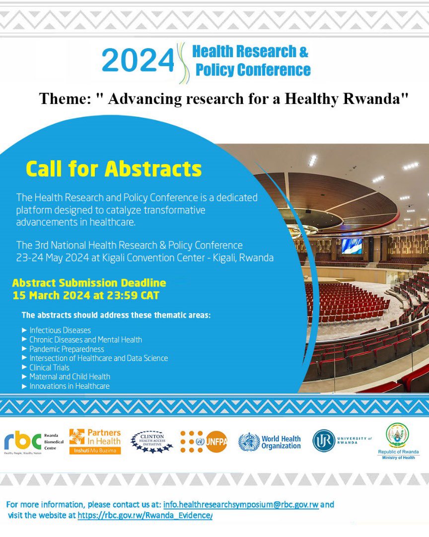 The 3rd Conference on Health Research and Policy will be held at the Kigali Convention Centre on 23 and 24 May 2024. Are you a researcher? Abstract submission is open until 15 March 2024. Submit yours.